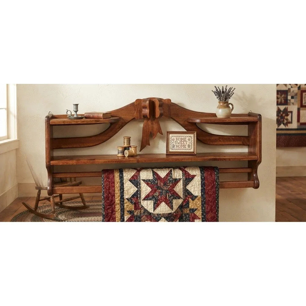Vintage Walnut Wood Quilt Rack Wall Shelf Carved Bow Ribbon Display 38in GP 92